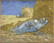 Vincent Van Gogh _ La Méridienne, entre 1889 et 1890. Ce tableau montre un couple de moissonneurs interrompant son interminable journée par une sieste à l’ombre d’une meule et incarne l’idée de sérénité des